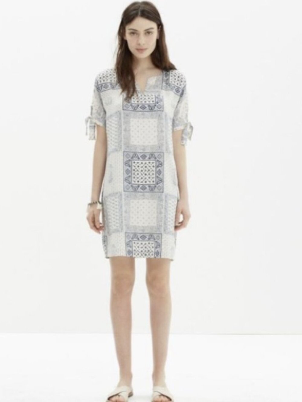 Madewell Kyoto Print Bandana Shift Tie Sleeve 100% Silk Dress Size M